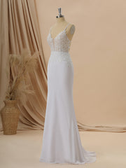 Wedding Dress Sleeve, Sheath Satin Chiffon V-neck Appliques Lace Sweep Train Wedding Dress