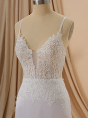 Wedding Dress Chic, Sheath Satin Chiffon V-neck Appliques Lace Sweep Train Wedding Dress