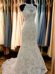 Wedding Dress Cost, Sheath Scoop Applique Sweep Train Lace Wedding Dress