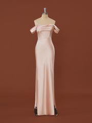 Bridesmaid Dresses Yellow, Sheath Silk Like Satin Cold Shoulder Pleated Floor-Length Corset Dress