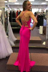 Sheath Spaghetti Straps Hot Pink Long Prom Dress with Silt