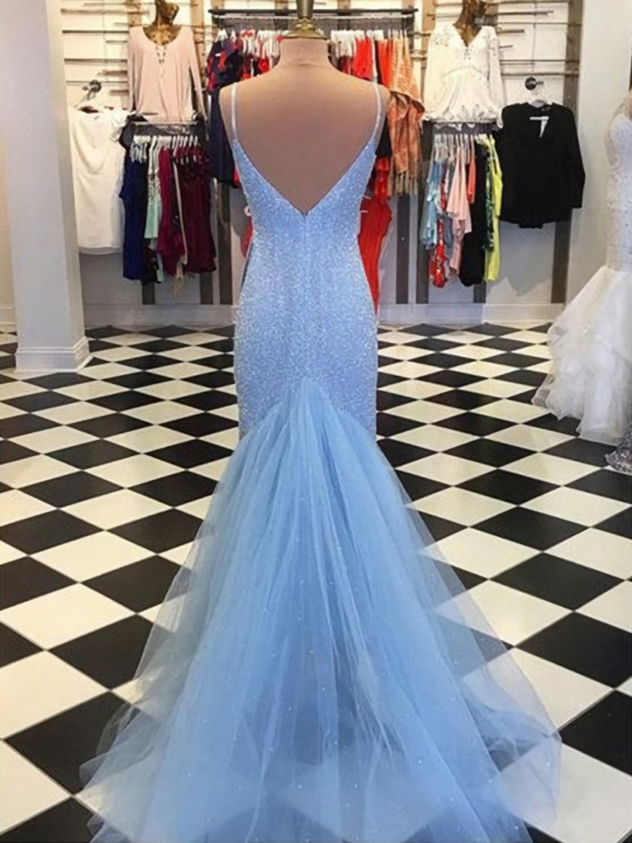 2030 Prom Dress, Sheath Spaghetti Straps Light Blue Sequin Prom Dresses