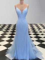 Evening Dress Elegant, Sheath Spaghetti Straps Light Blue Sequin Prom Dresses