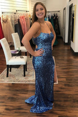 Sheath Spaghetti Straps Navy Sequins Long Prom Dress with Criss Cross Back