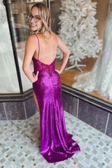Sheath Spaghetti Straps Purple Sequins Long Prom Dress with Split Front