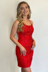 Sheath Spaghetti Straps Red Short Homecoming Dress with Appliques