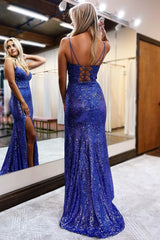 Sheath Spaghetti Straps Royal Blue Sequins Long Prom Dress with Silt
