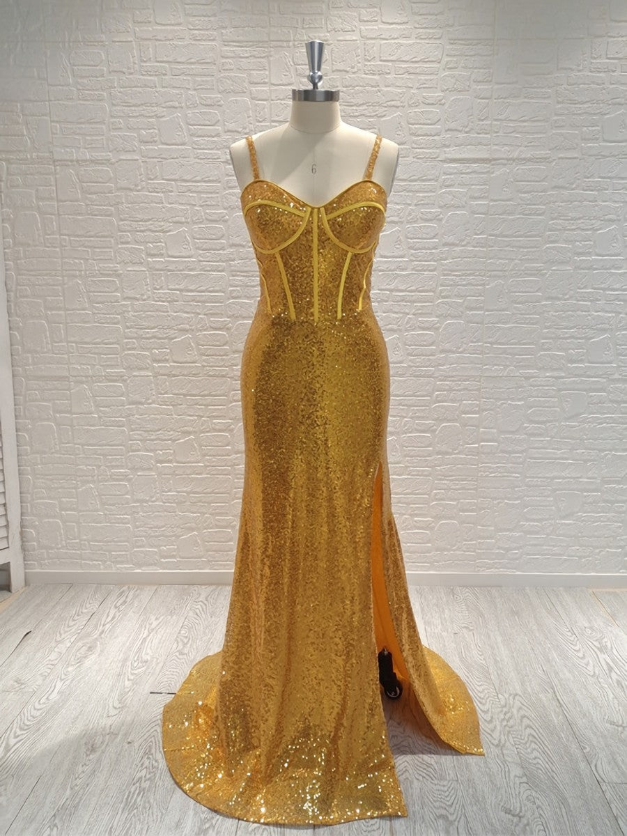 Bridesmaid Dress, Sheath Spaghetti Straps Sequin Sweep Train Sequins Dress