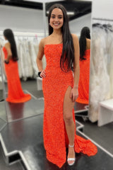 Sheath Strapless Orange Sequins Long Prom Dress with Split Front