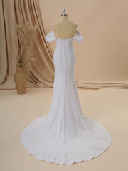 Wedding Dress Pricing, Sheath Stretch Crepe Off-the-Shoulder Pleated Chapel Train Corset Wedding Dress