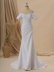 Wedding Dress Price, Sheath Stretch Crepe Off-the-Shoulder Pleated Chapel Train Corset Wedding Dress