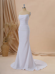 Wedding Dresses Simple Lace, Sheath Stretch Crepe Straight Pleated Court Train Wedding Dress
