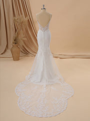 Wedding Dress For Sale, Sheath Stretch Crepe V-neck Appliques Lace Cathedral Train Wedding Dress