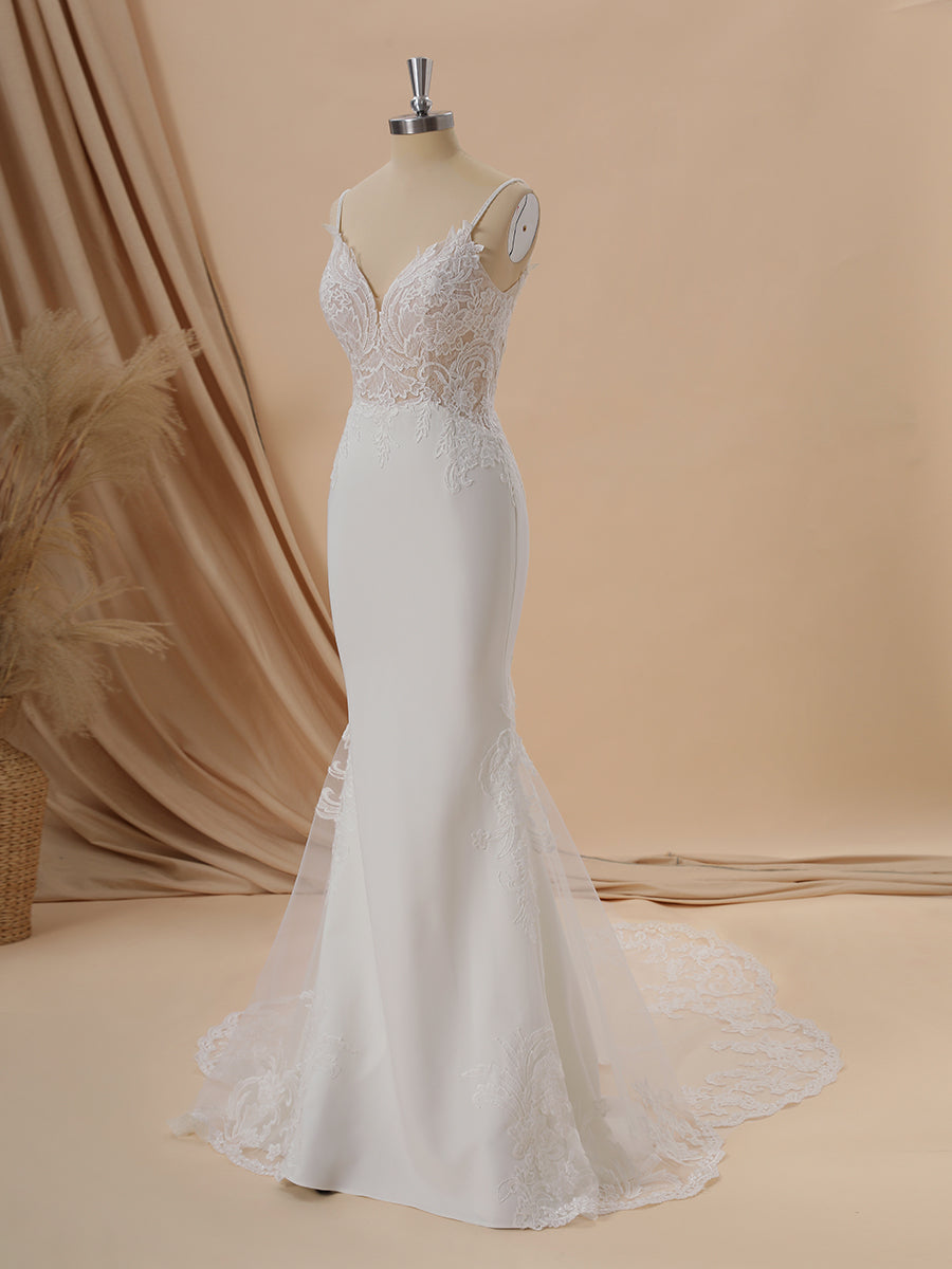 Wedding Dresses Tulle, Sheath Stretch Crepe V-neck Appliques Lace Cathedral Train Wedding Dress