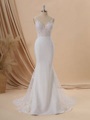 Wedding Dresses For Sale, Sheath Stretch Crepe V-neck Appliques Lace Cathedral Train Wedding Dress