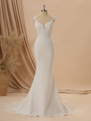 Wedding Dresses For The Beach, Sheath Stretch Crepe V-neck Appliques Lace Chapel Train Wedding Dress