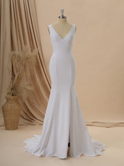 Wedsing Dress Shopping, Sheath Stretch Crepe V-neck Court Train Wedding Dress