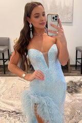 Sheath Sweetheart Light Blue Sequins Long Prom Dress with Feather