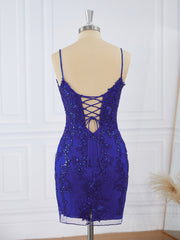 Prom Dress Uk, Sheath Tulle Spaghetti Straps Appliques Lace Corset Short/Mini Dress