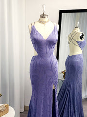 Purple Dress, Sheath V-neck Ruffles Sweep Train Dress