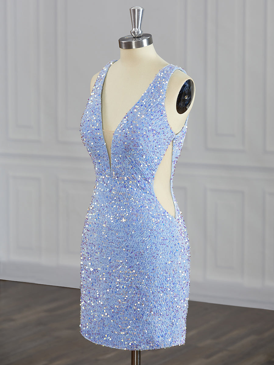 Homecoming Dresses Sparkle, Sheath V-neck Sequin Short/Mini Velvet Sequins Dress