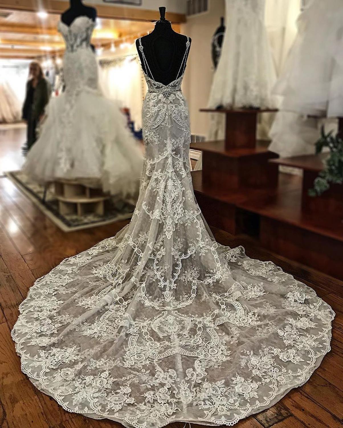 Wedding Dresses Wedding Dresses, Sheath V-neck Wide Strap Floor Length Backless Tulle Lace Applique Wedding Dresses