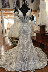 Wedding Dresses Aesthetic, Sheath V-neck Wide Strap Floor Length Backless Tulle Lace Applique Wedding Dresses
