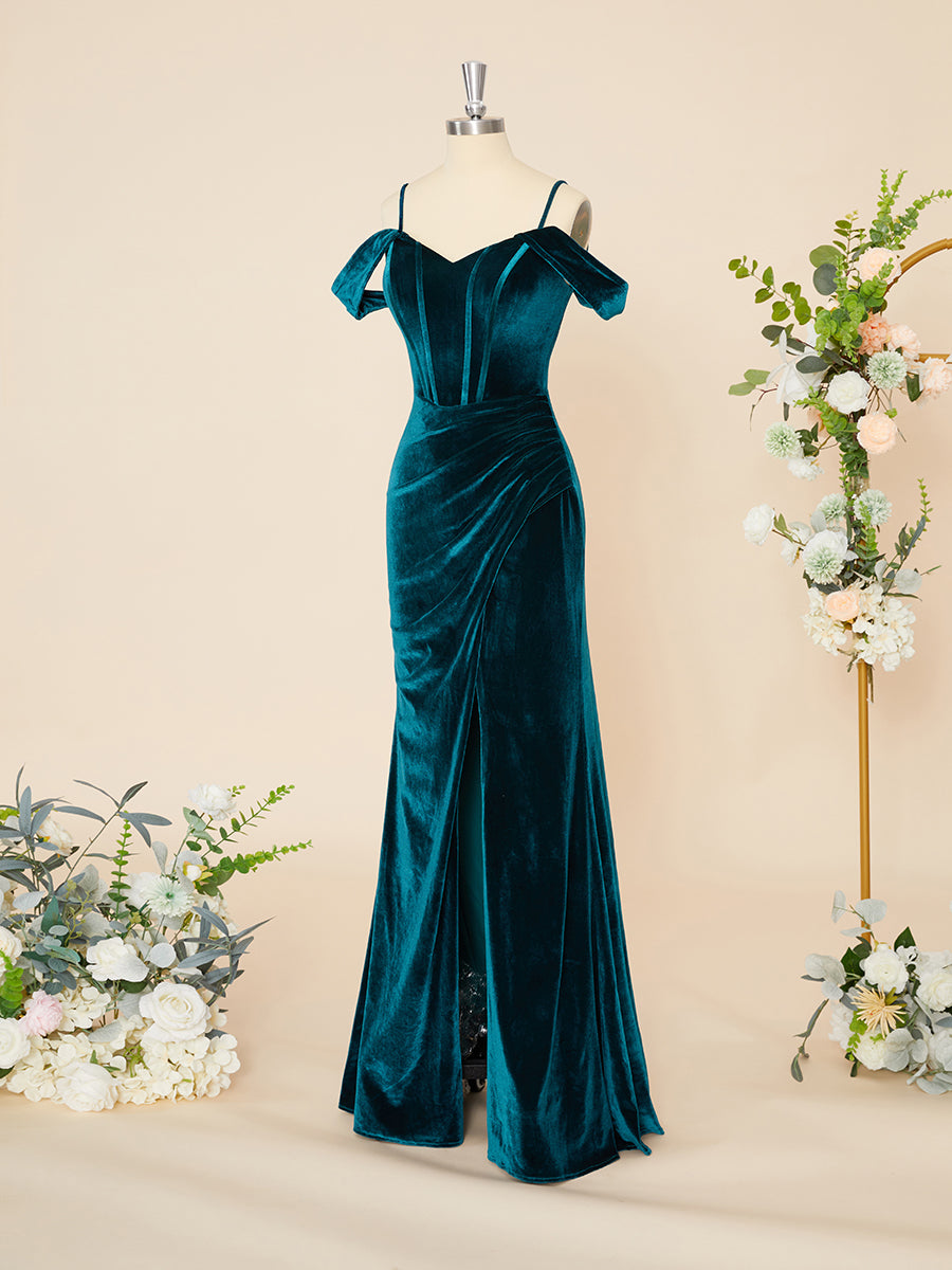 Mismatched Bridesmaid Dress, Sheath Velvet Cold Shoulder Pleated Floor-Length Corset Dress