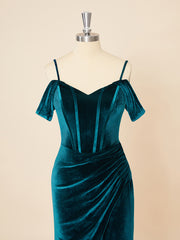 Simple Prom Dress, Sheath Velvet Cold Shoulder Pleated Floor-Length Corset Dress