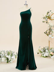 Party Dresses And Jumpsuits, Sheath Velvet One-Shoulder Floor-Length Bridesmaid Dress