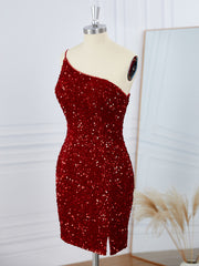 Evening Dress Short, Sheath Velvet Sequins One-Shoulder Short/Mini Dress