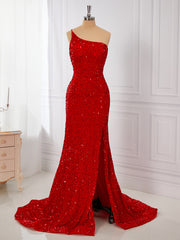 Red Formal Dress, Sheath Velvet Sequins One-Shoulder Sweep Train Dress