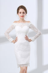 Formal Dress For Woman, Sheath White Lace Off The Shoulder Long Sleeve Prom Dresses