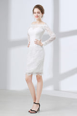 Formal Dresses Long Sleeve, Sheath White Lace Off The Shoulder Long Sleeve Prom Dresses