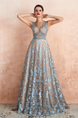 Prom Dresses For Blondes, Sheer A-Line Lace Sequin Jewel Long Prom Dresses with Crystals