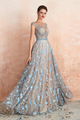 Prom Dresses Boho, Sheer A-Line Lace Sequin Jewel Long Prom Dresses with Crystals