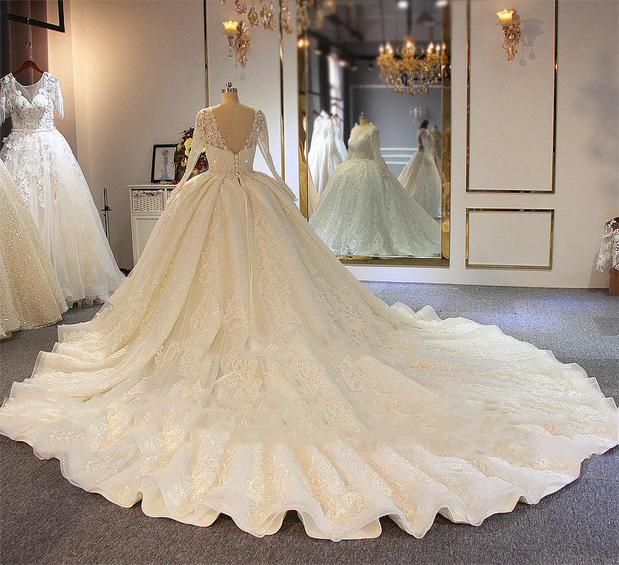 Wedding Dress Winter, Shinny Long A-line Full Beading Lace-Up Wedding Dresses with Sleeves