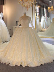 Wedding Dresses Nearby, Shinny Long A-line Full Beading Lace-Up Wedding Dresses with Sleeves
