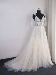Wedding Dresses Boutique, Shinny Long A-Line V-Neck Backless Sequins Wedding Dresses