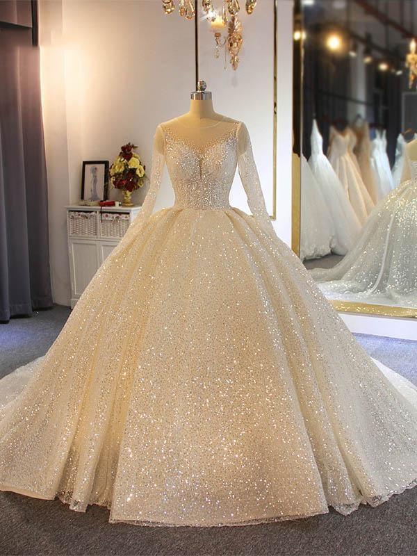 Wedding Dress Shapes, Shinny Long Ball Gown Sweetheart Sparkling Wedding Dresses with Sleeves