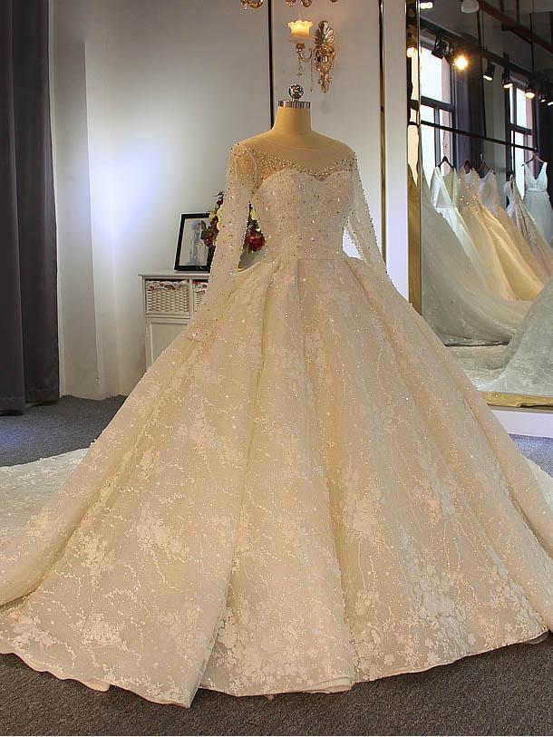 Wedding Dresses Cost, Shinny Long Ball Gown Sweetheart Tulle Lace Wedding Dresses with Sleeves