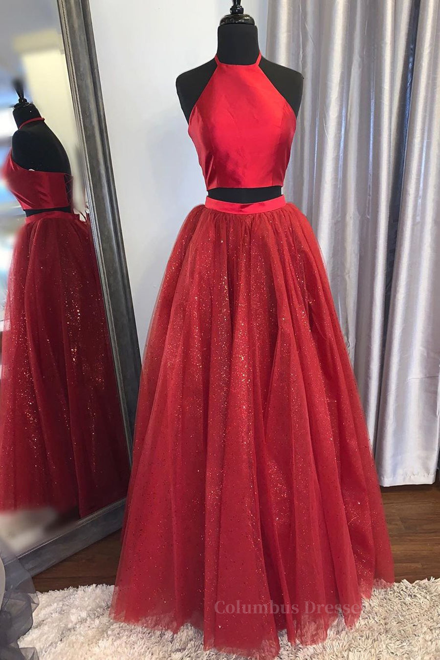 Evening Dress Near Me, Shiny 2 Pieces Halter Neck Red Long Prom Dress, Two Pieces Red Formal Graduation Evening Dress