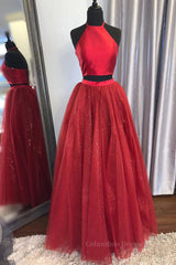 Evening Dress Near Me, Shiny 2 Pieces Halter Neck Red Long Prom Dress, Two Pieces Red Formal Graduation Evening Dress