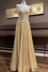 Party Dresses 2053, Shiny A Line Spaghetti Straps Gold Prom Dresses Long, Sweetheart Neck Golden Formal Dresses, Gold Tulle Evening Dresses WT1856