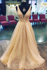 Wedding Dress For Fall Wedding, Shiny A Line V Neck Champagne Floral Sequin Long Tulle Prom Dress,Wedding Party Dresses