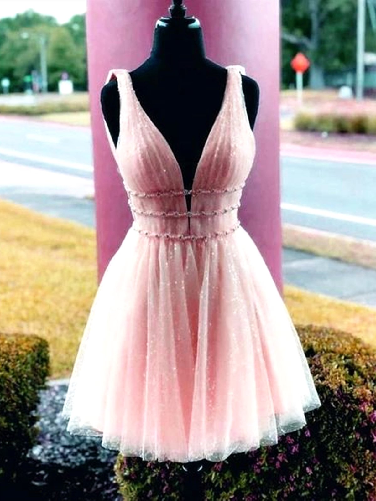 Prom Dresse 2023, Shiny A Line V Neck Short Pink Prom Dresses, Shiny Short Pink Formal Homecoming Dresses