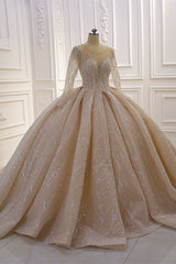Weddings Dresses Bridesmaid, Shiny Ball Gown Tulle Jewel Long Sleevess Ruffless Wedding Dress