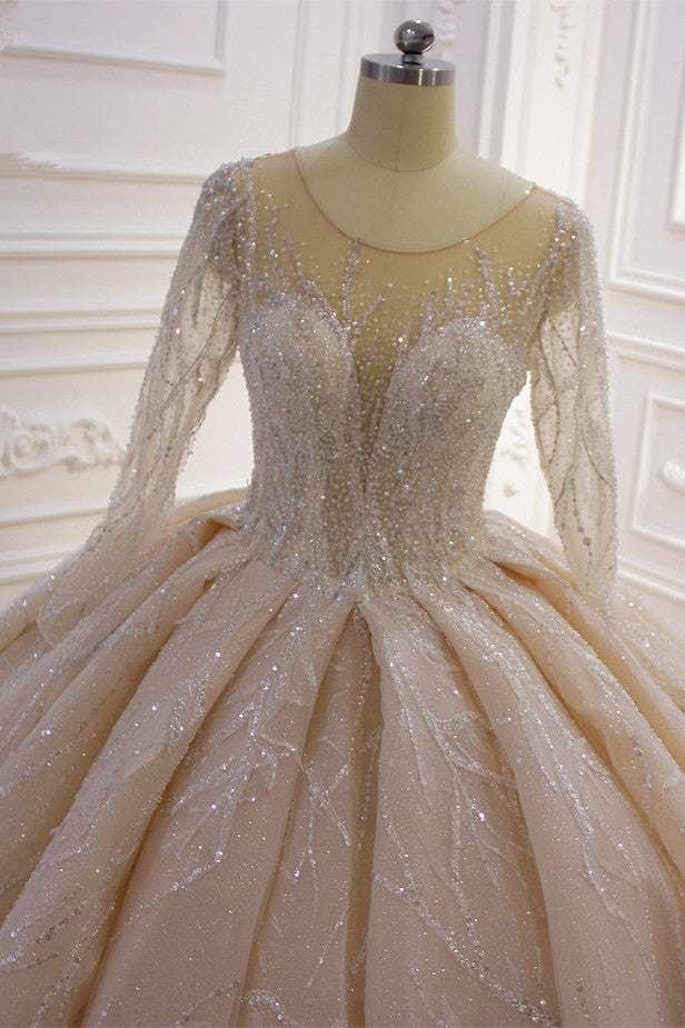 Wedding Dress Bridesmaid, Shiny Ball Gown Tulle Jewel Long Sleevess Ruffless Wedding Dress