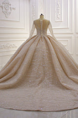 Wedding Dress With Strap, Shiny Ball Gown Tulle Jewel Long Sleevess Ruffless Wedding Dress