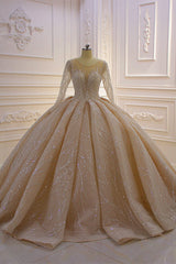 Wedding Dress Bridesmaids, Shiny Ball Gown Tulle Jewel Long Sleevess Ruffless Wedding Dress